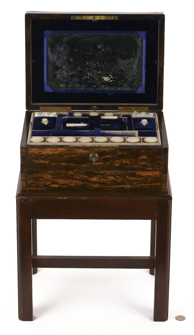 Lot 860: Toulmin & Gale Coromandel Sewing & Writing Box w/ Stand