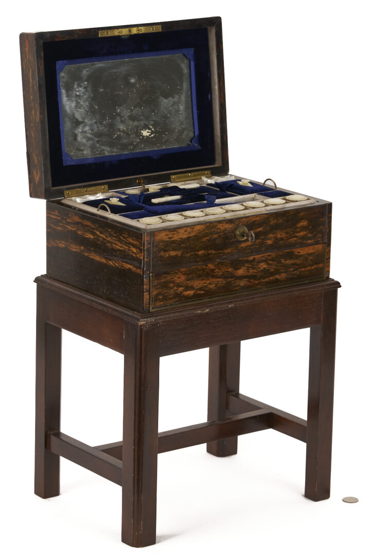 Lot 860: Toulmin & Gale Coromandel Sewing & Writing Box w/ Stand