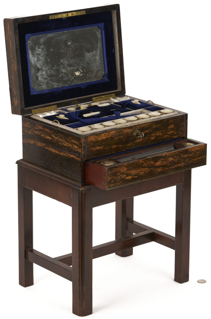 Lot 860: Toulmin & Gale Coromandel Sewing & Writing Box w/ Stand