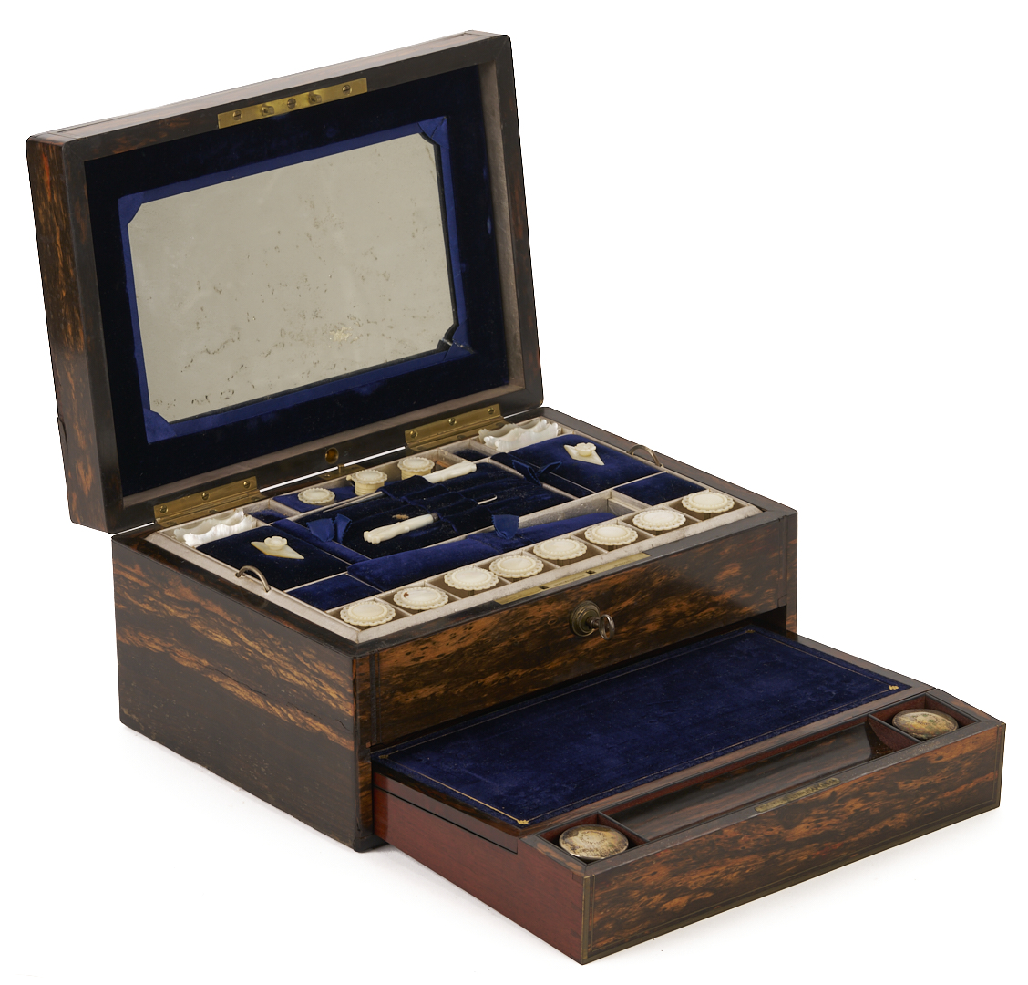 Lot 860: Toulmin & Gale Coromandel Sewing & Writing Box w/ Stand