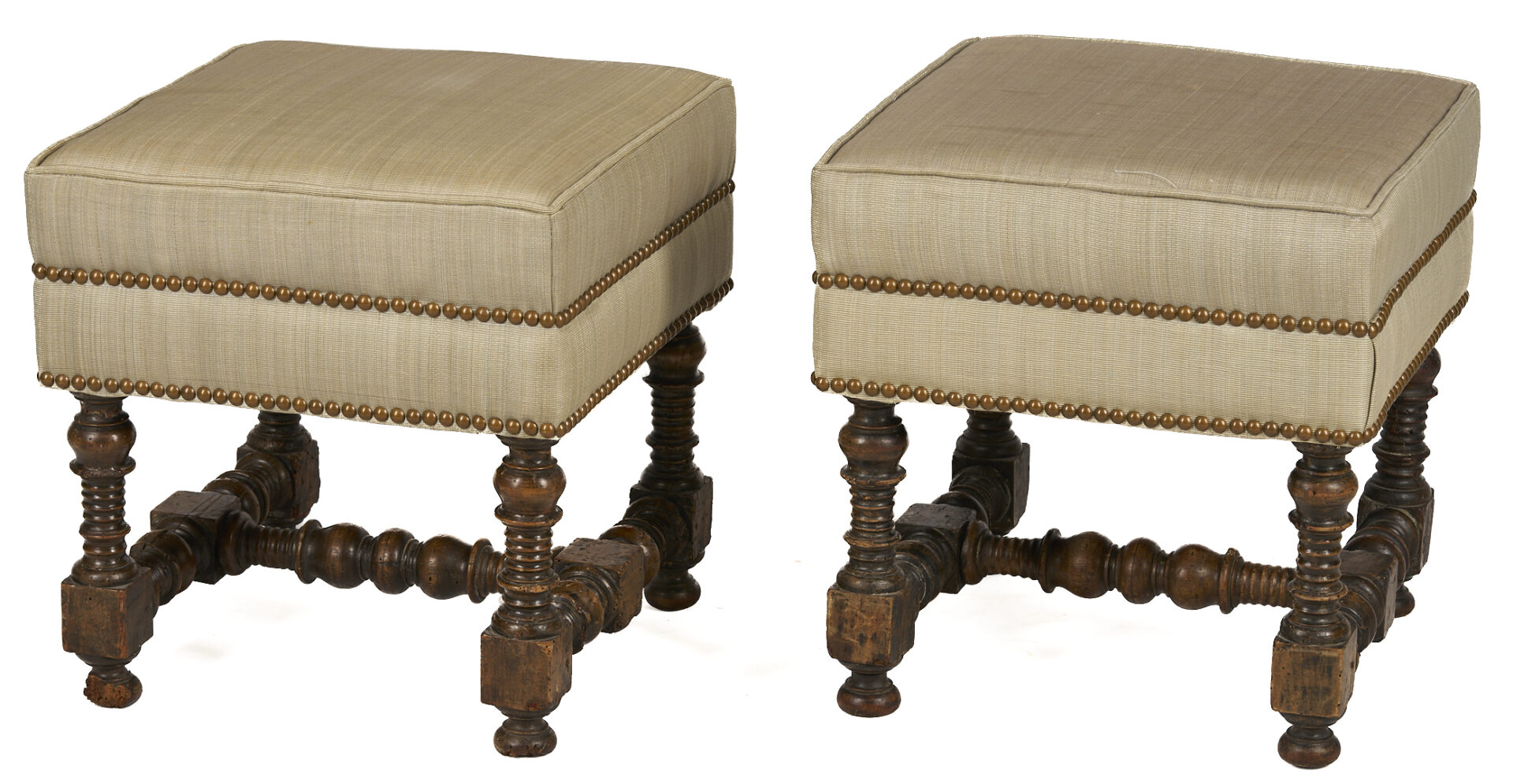 Lot 864: Pair Jacobean Upholstered Stools