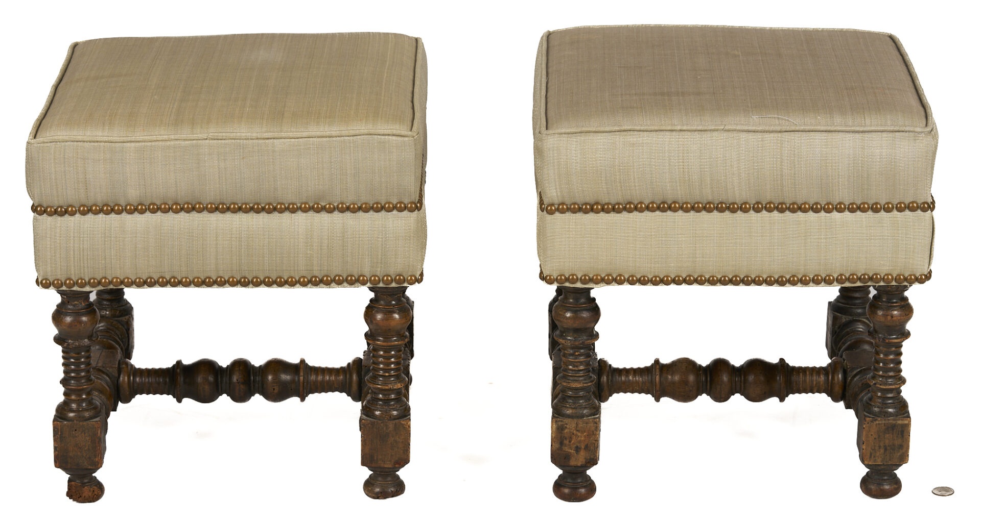 Lot 864: Pair Jacobean Upholstered Stools