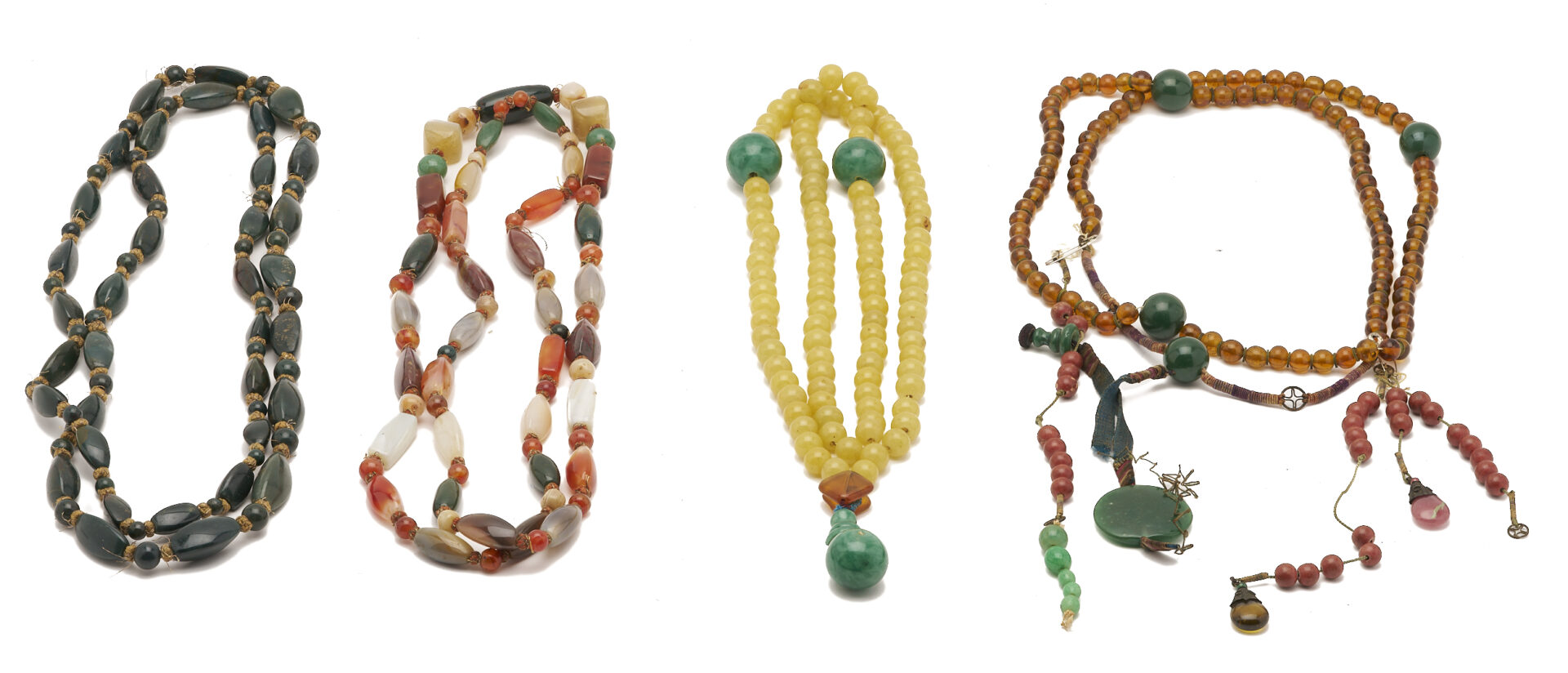 Lot 879: 4 Chinese Jade, Amber Necklaces incl. Court Chaozhu Beads
