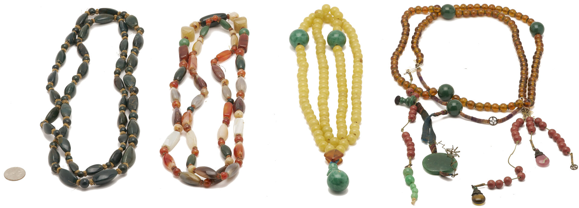 Lot 879: 4 Chinese Jade, Amber Necklaces incl. Court Chaozhu Beads