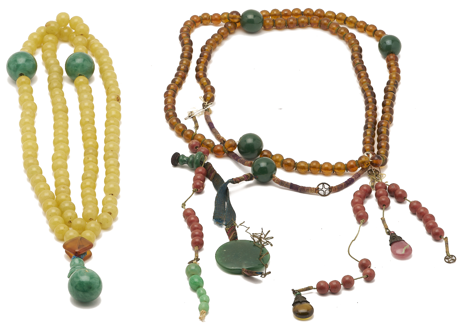 Lot 879: 4 Chinese Jade, Amber Necklaces incl. Court Chaozhu Beads