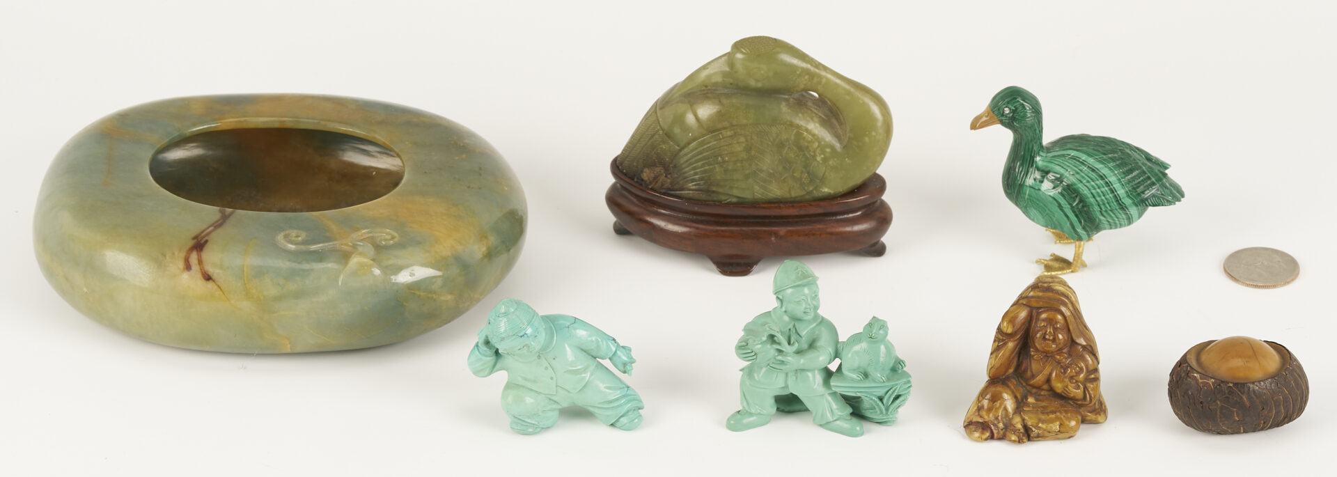 Lot 880: 7 Asian Carvings: Ducks, Brush Washer, Turquoise & Vegetable Ivory