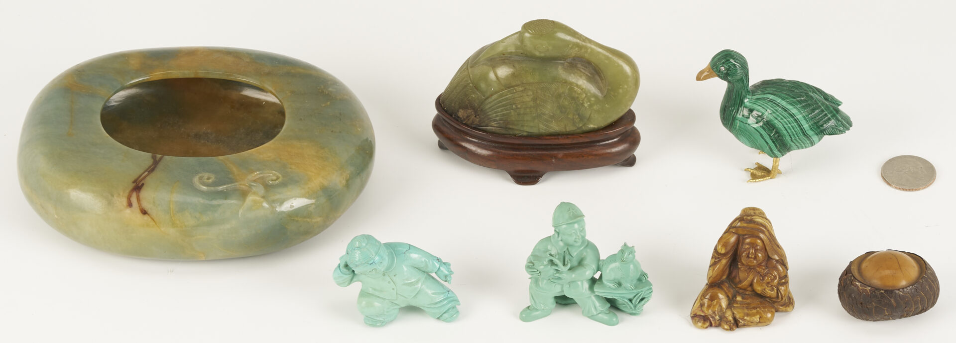 Lot 880: 7 Asian Carvings: Ducks, Brush Washer, Turquoise & Vegetable Ivory