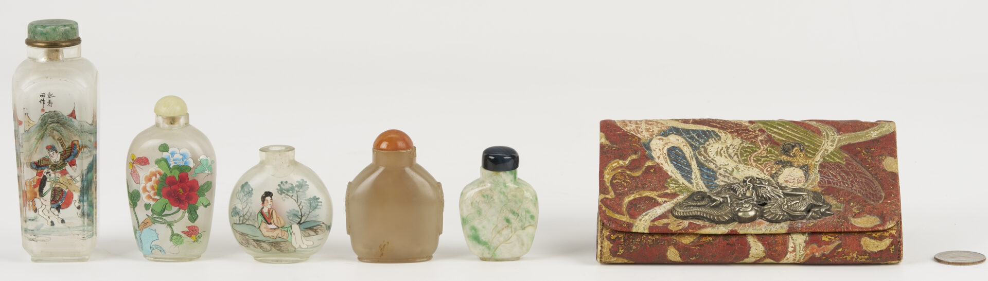 Lot 881: Tobacco Pouch and 5 Snuff Bottles, Including Jade