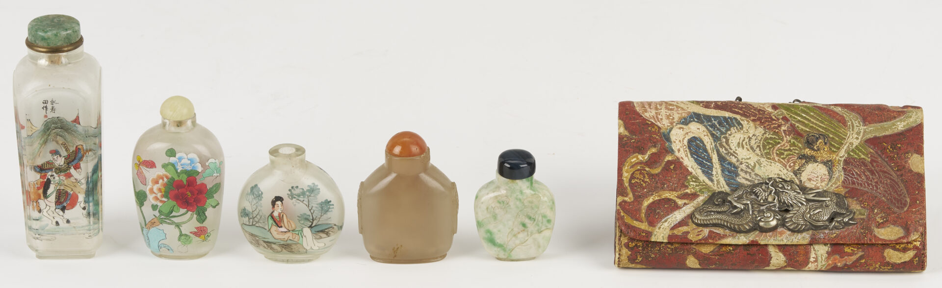 Lot 881: Tobacco Pouch and 5 Snuff Bottles, Including Jade