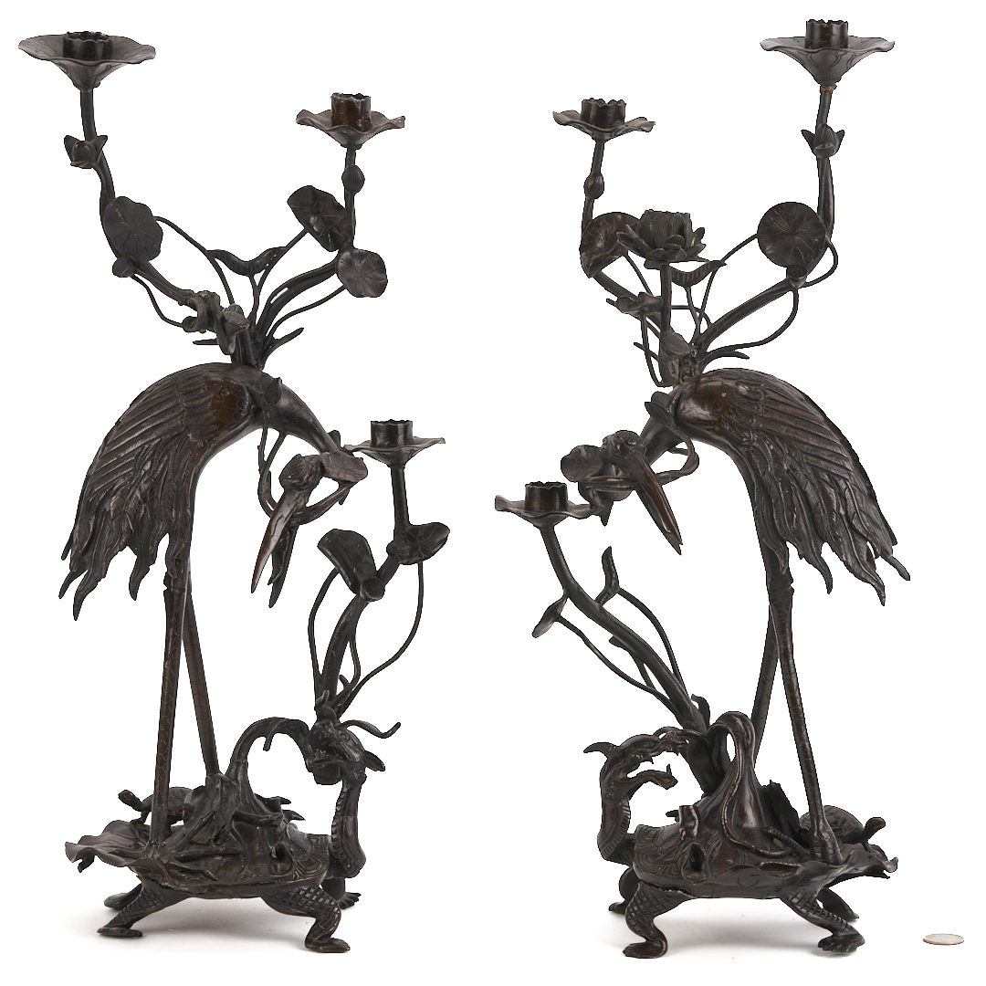 Lot 883: Pair of Japanese Meiji Bronze Crane Candlesticks