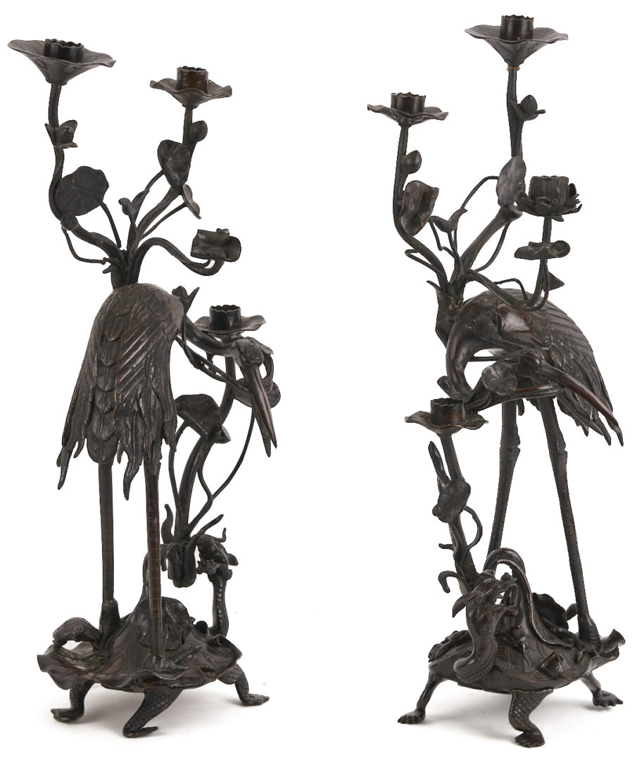 Lot 883: Pair of Japanese Meiji Bronze Crane Candlesticks