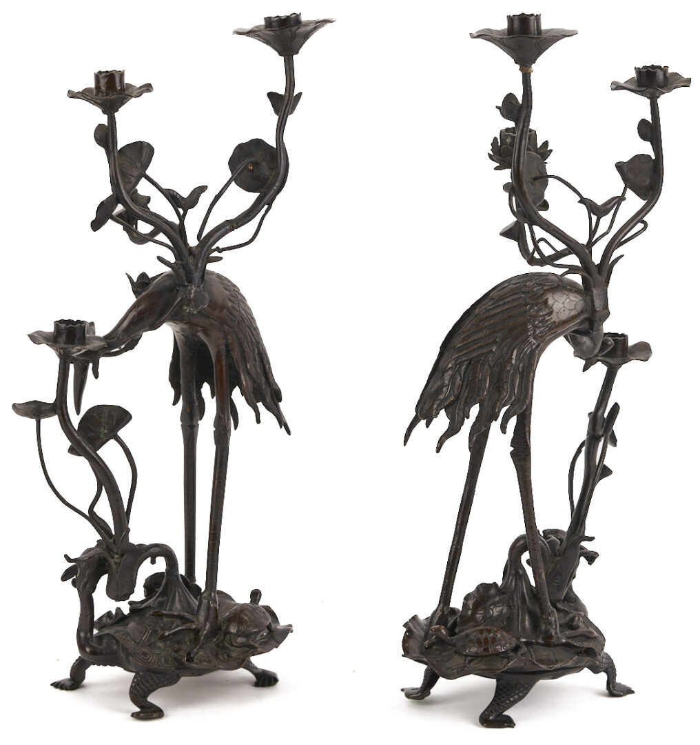 Lot 883: Pair of Japanese Meiji Bronze Crane Candlesticks