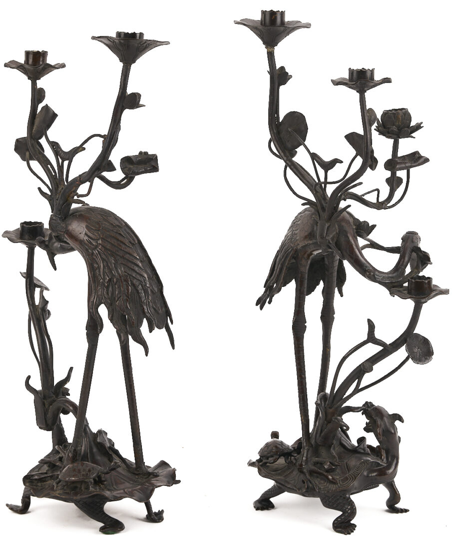 Lot 883: Pair of Japanese Meiji Bronze Crane Candlesticks