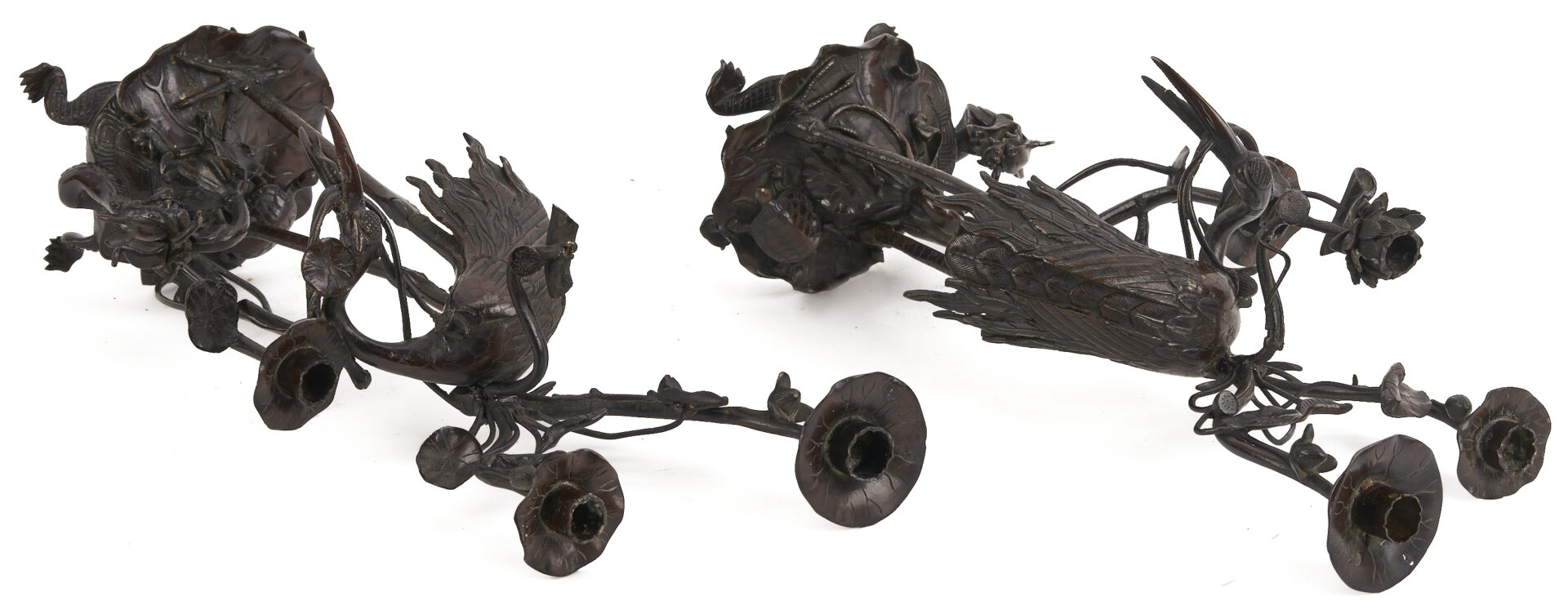 Lot 883: Pair of Japanese Meiji Bronze Crane Candlesticks