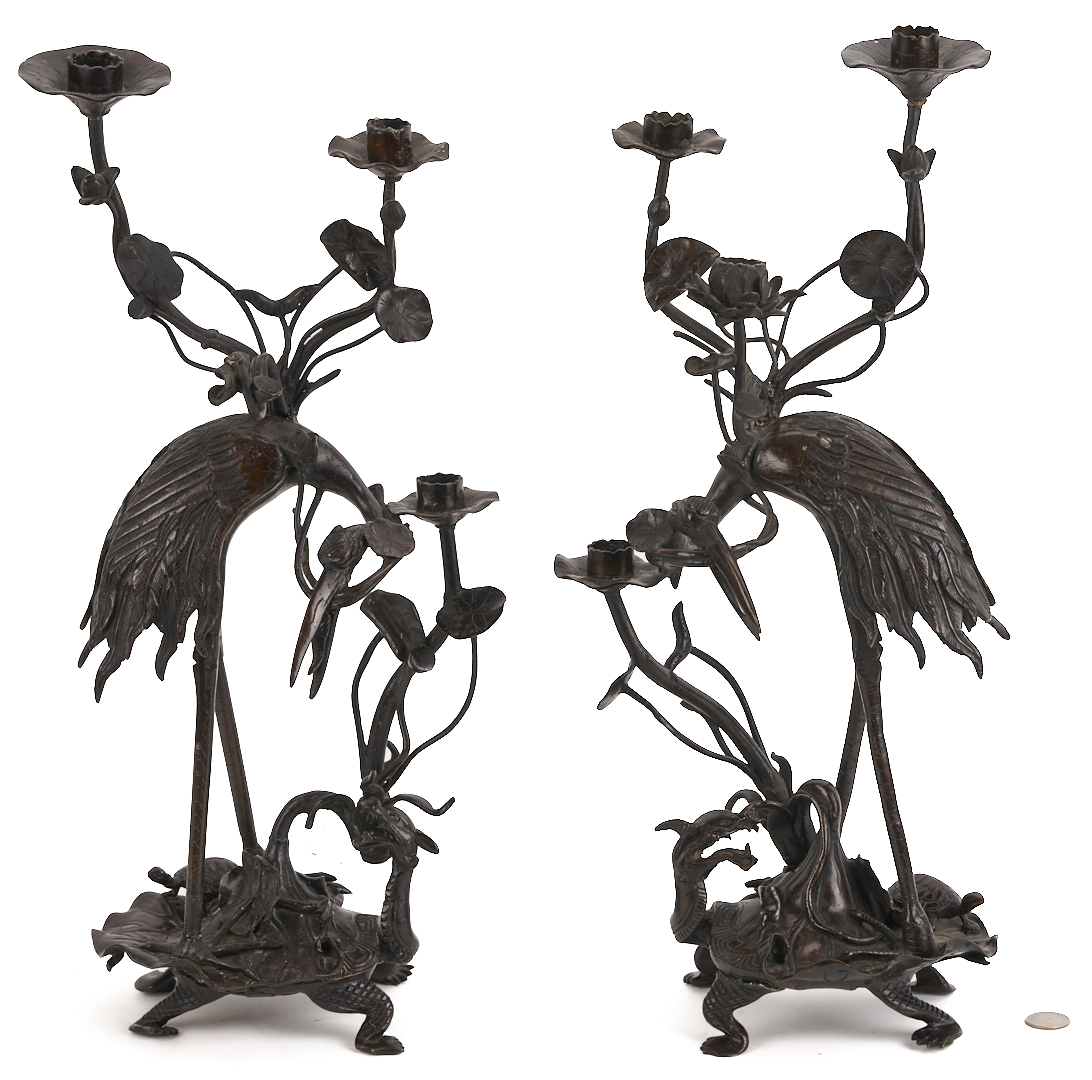 Lot 883: Pair of Japanese Meiji Bronze Crane Candlesticks