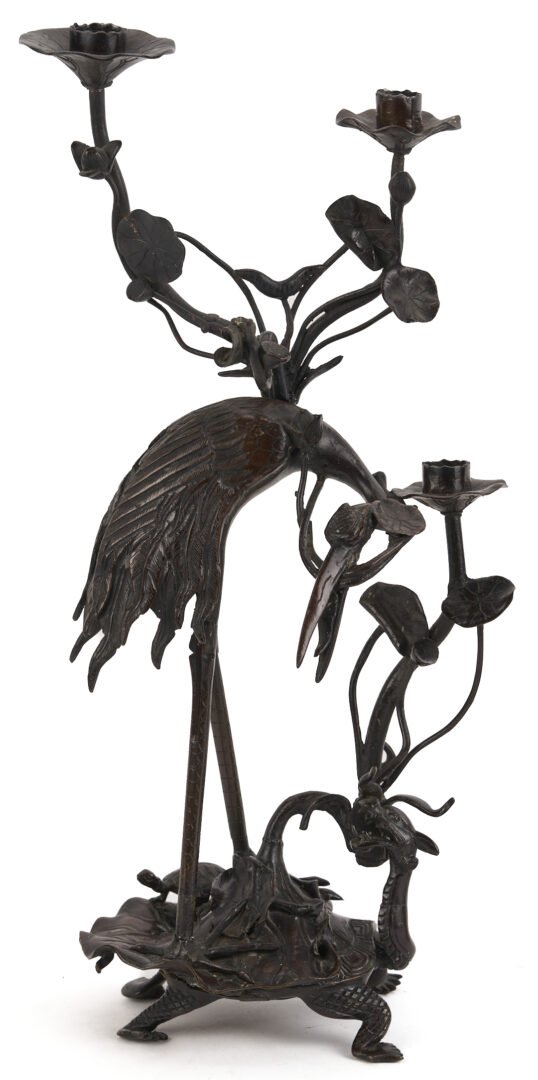 Lot 883: Pair of Japanese Meiji Bronze Crane Candlesticks