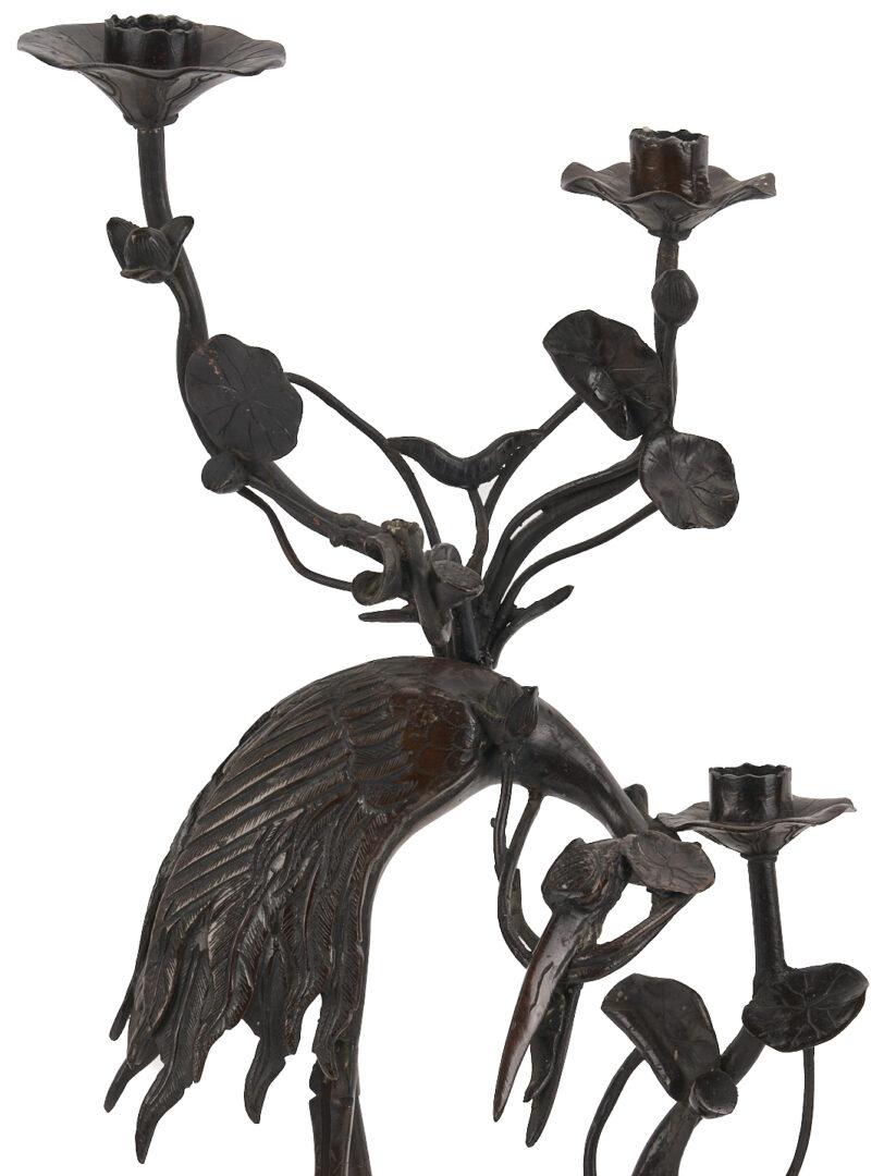 Lot 883: Pair of Japanese Meiji Bronze Crane Candlesticks