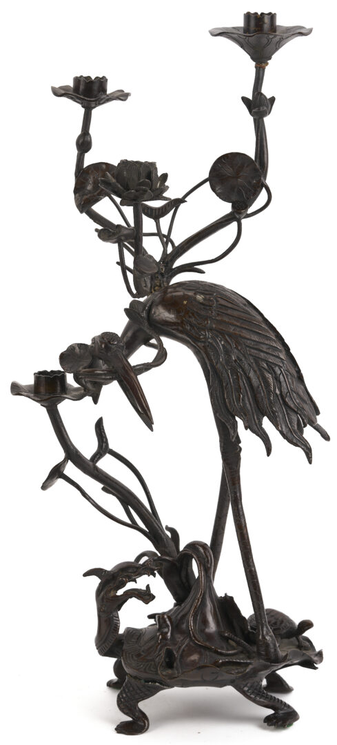 Lot 883: Pair of Japanese Meiji Bronze Crane Candlesticks