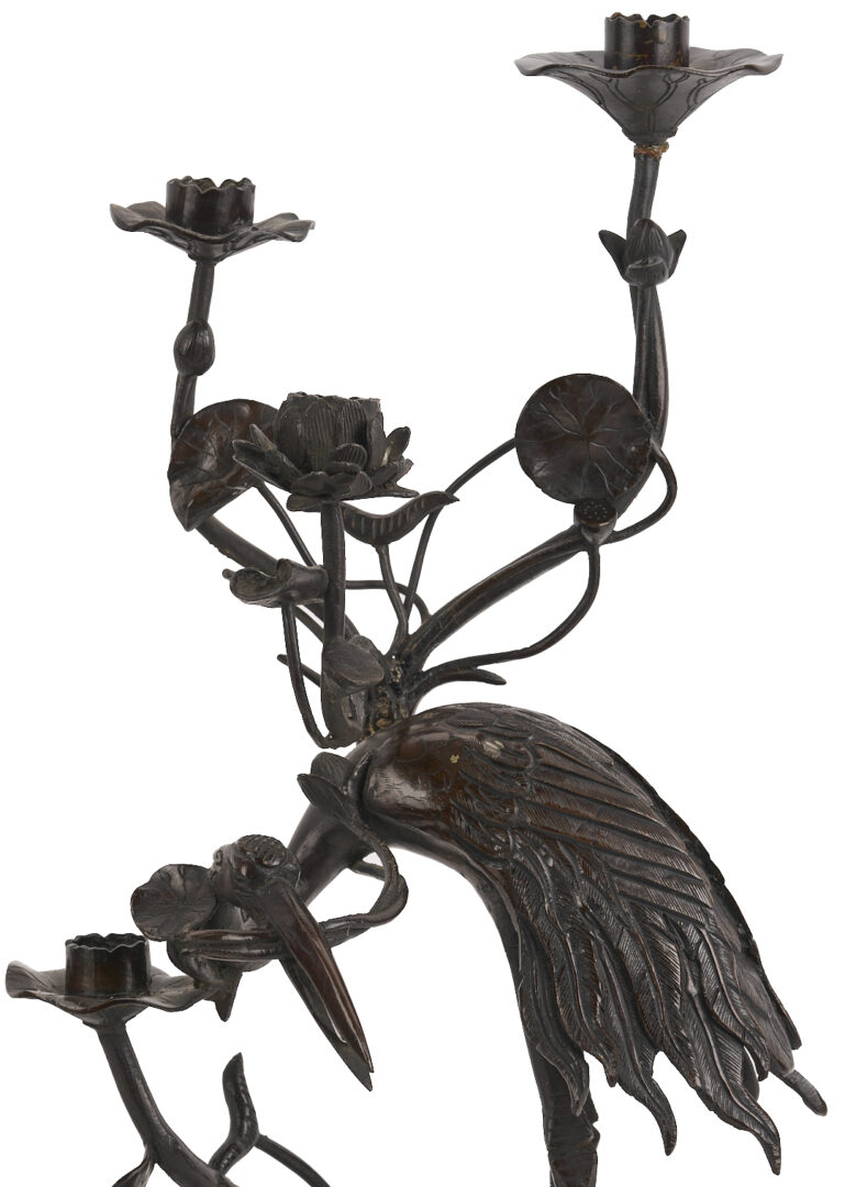Lot 883: Pair of Japanese Meiji Bronze Crane Candlesticks