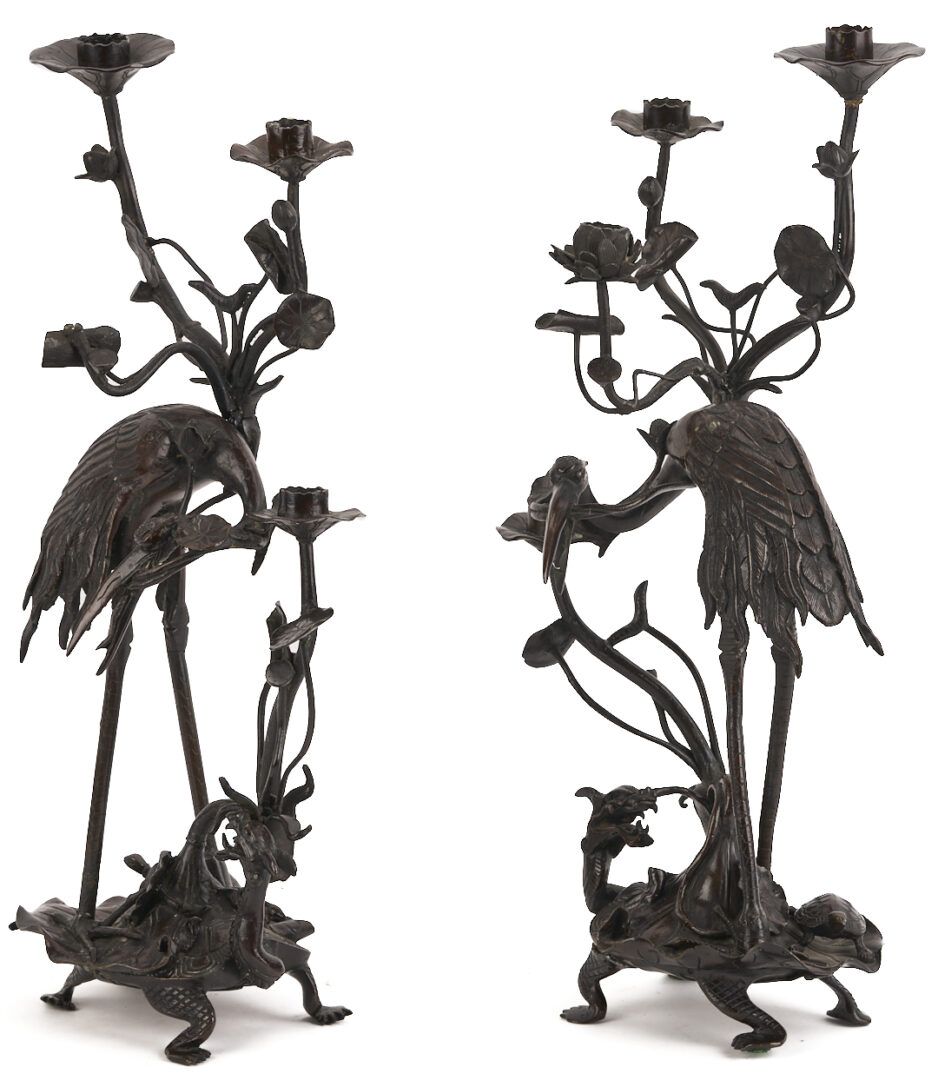Lot 883: Pair of Japanese Meiji Bronze Crane Candlesticks