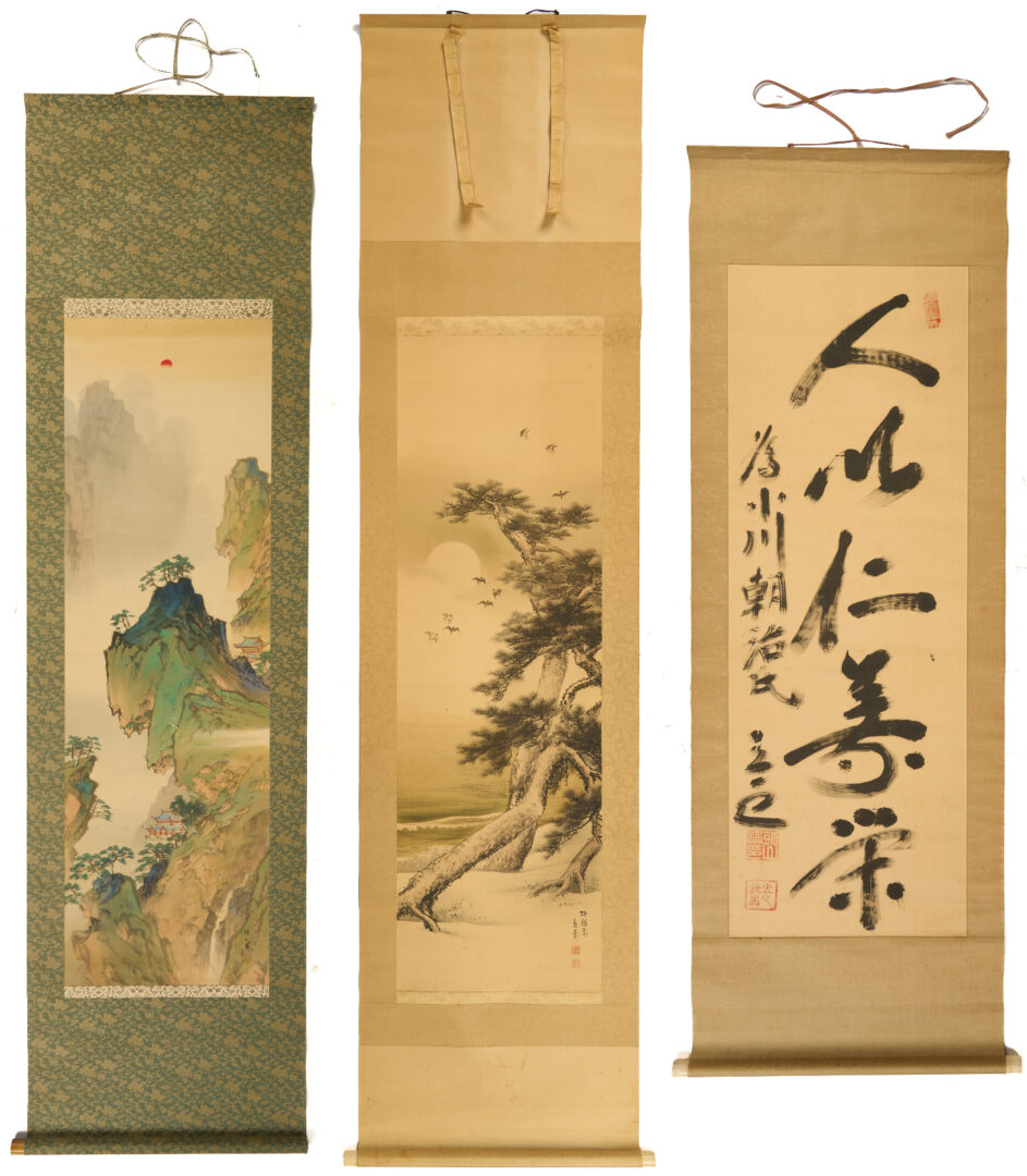 Lot 885: 3 Chinese Scroll Paintings, Landscapes & Calligraphy