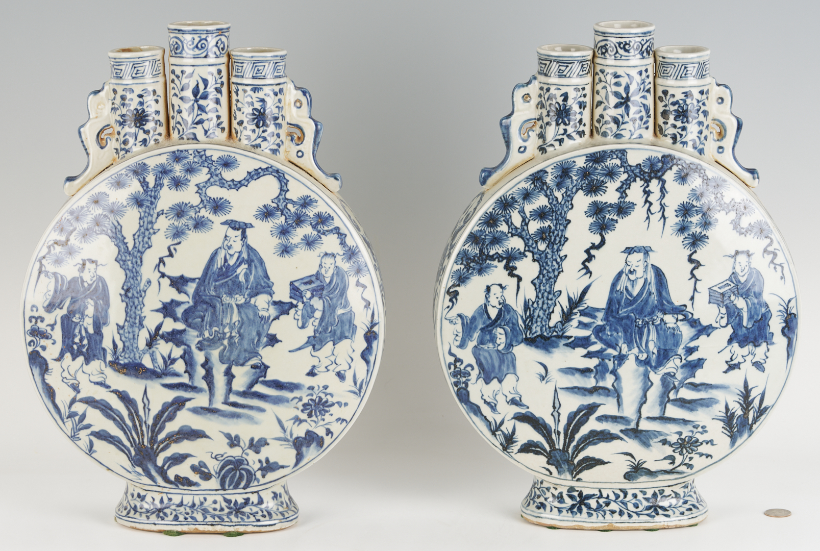 Lot 890: Pair Chinese Blue and White Porcelain Moon Flasks