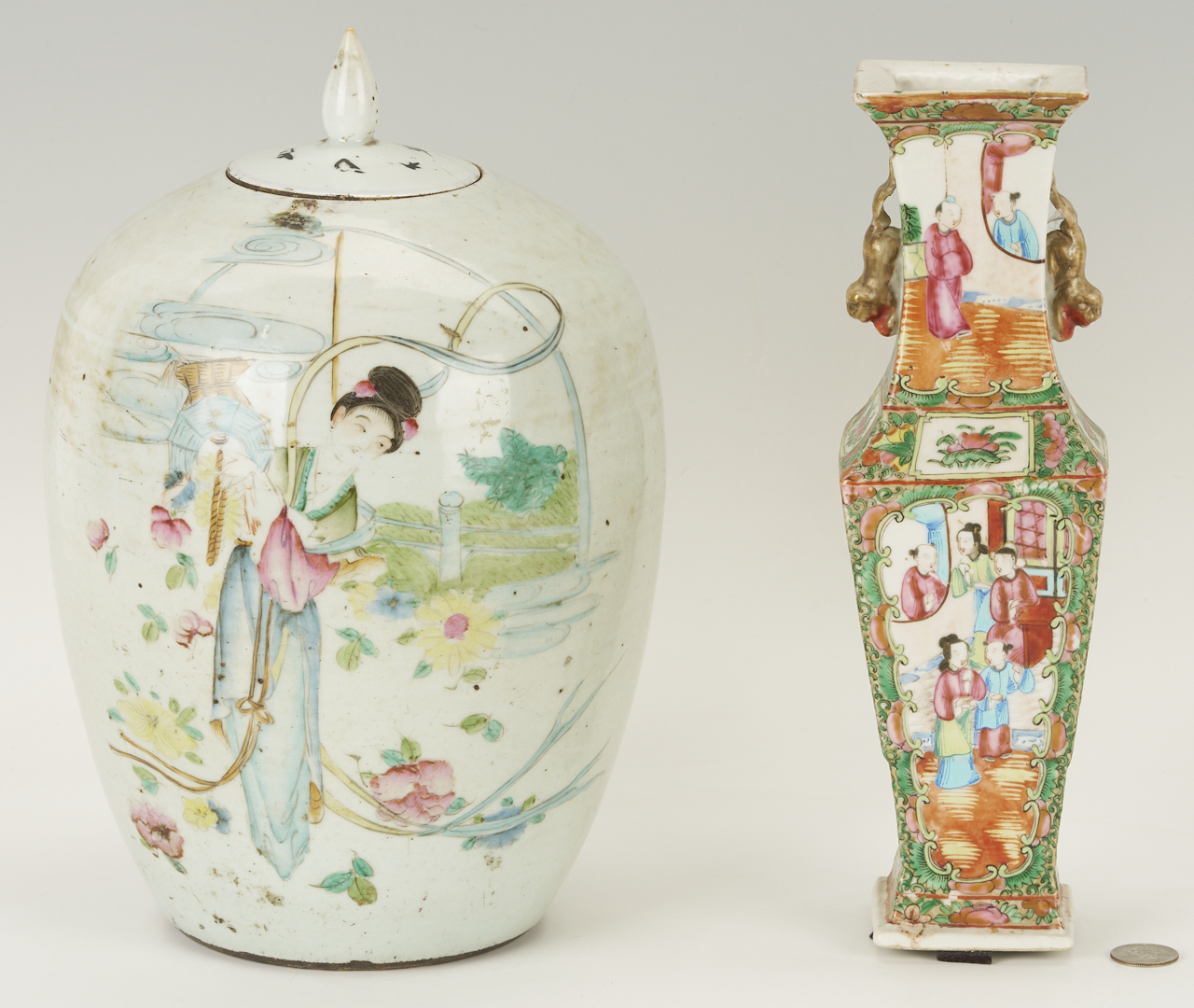 Lot 894: Chinese Rose Medallion Square Vase plus Poem Jar