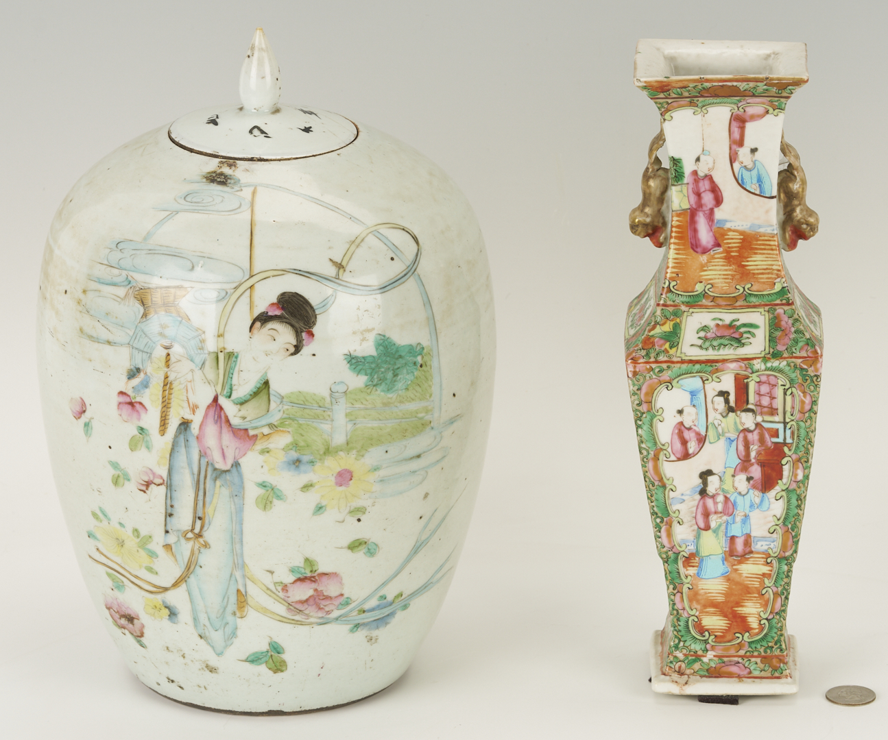 Lot 894: Chinese Rose Medallion Square Vase plus Poem Jar