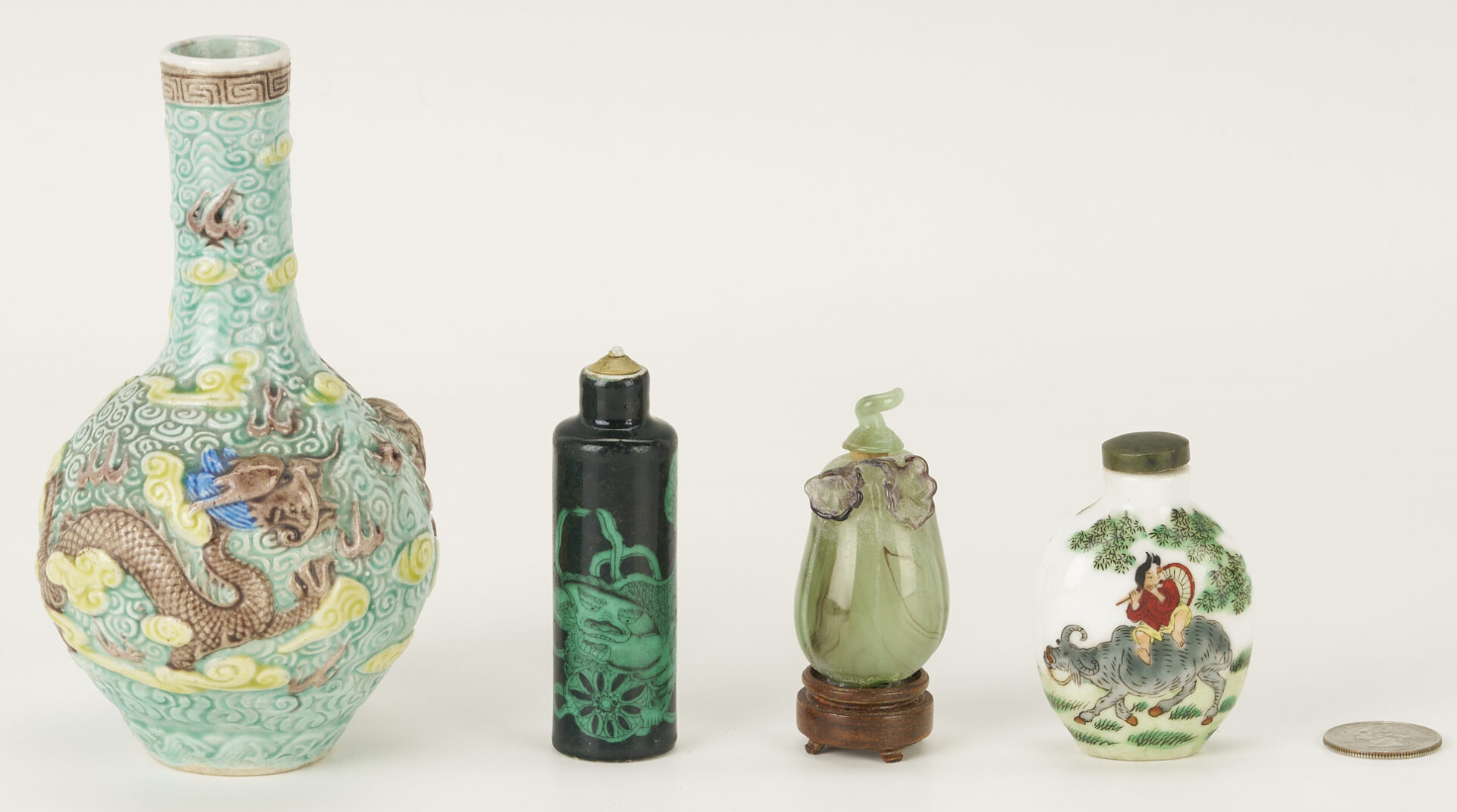 Lot 895: Chinese Molded Dragon Vase and 3 Snuff Bottles
