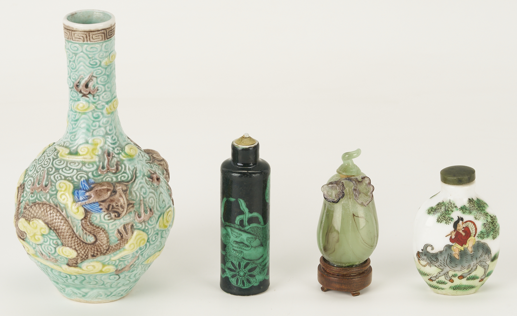 Lot 895: Chinese Molded Dragon Vase and 3 Snuff Bottles