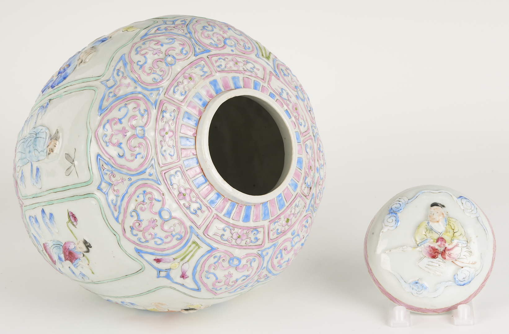 Lot 896: Chinese Famille Rose Relief Enameled Ginger Jar