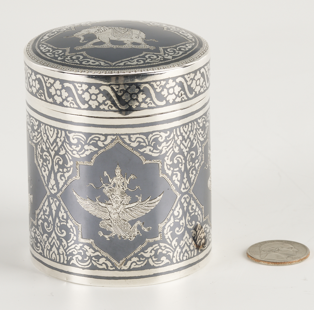 Lot 901: Thai Silver Niello Cylindrical Box