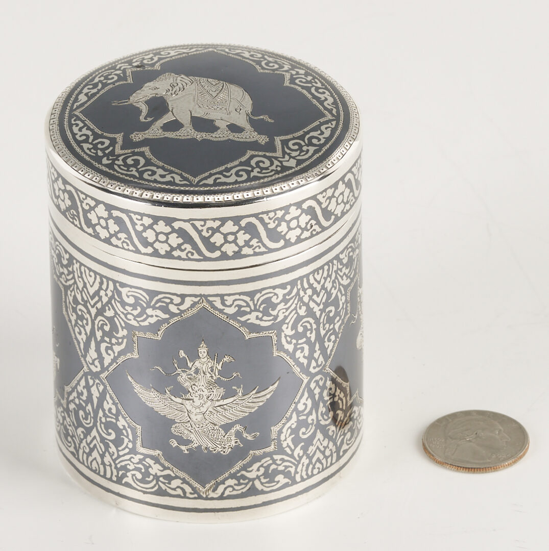 Lot 901: Thai Silver Niello Cylindrical Box