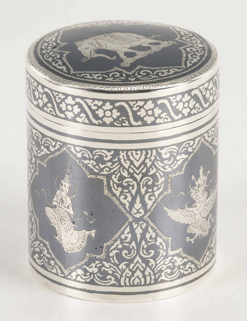 Lot 901: Thai Silver Niello Cylindrical Box