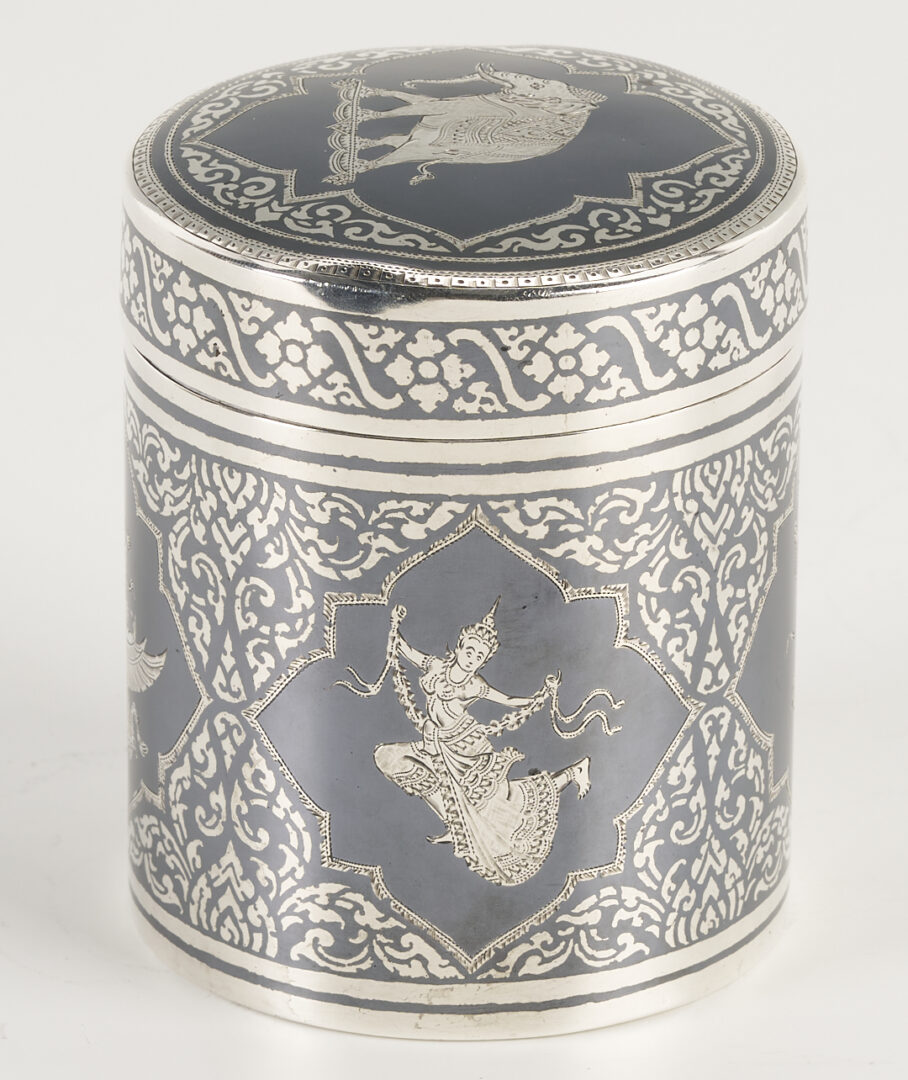Lot 901: Thai Silver Niello Cylindrical Box