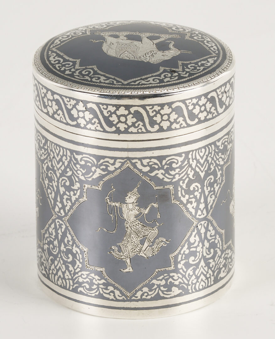 Lot 901: Thai Silver Niello Cylindrical Box