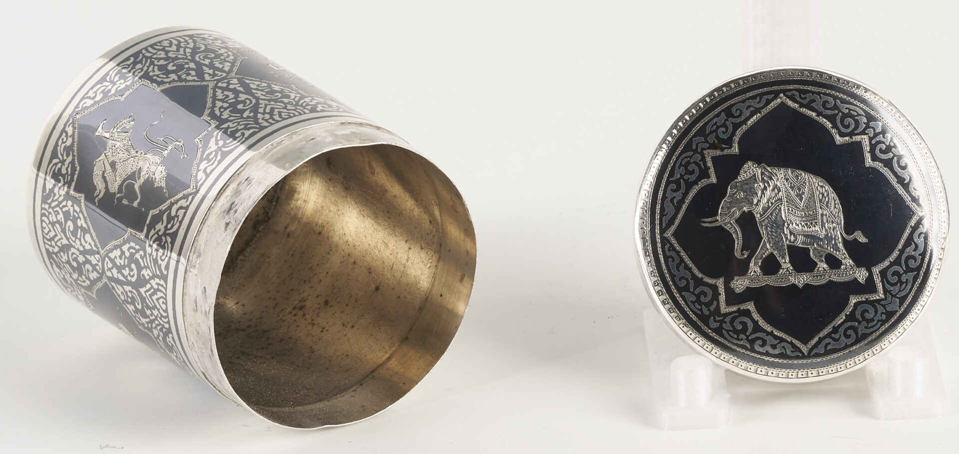 Lot 901: Thai Silver Niello Cylindrical Box