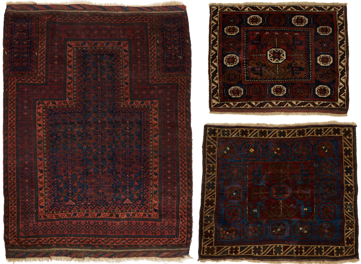 Lot 907: 3 Antique Afghan Baluch Weavings, Prayer Rug & 2 Bag Face