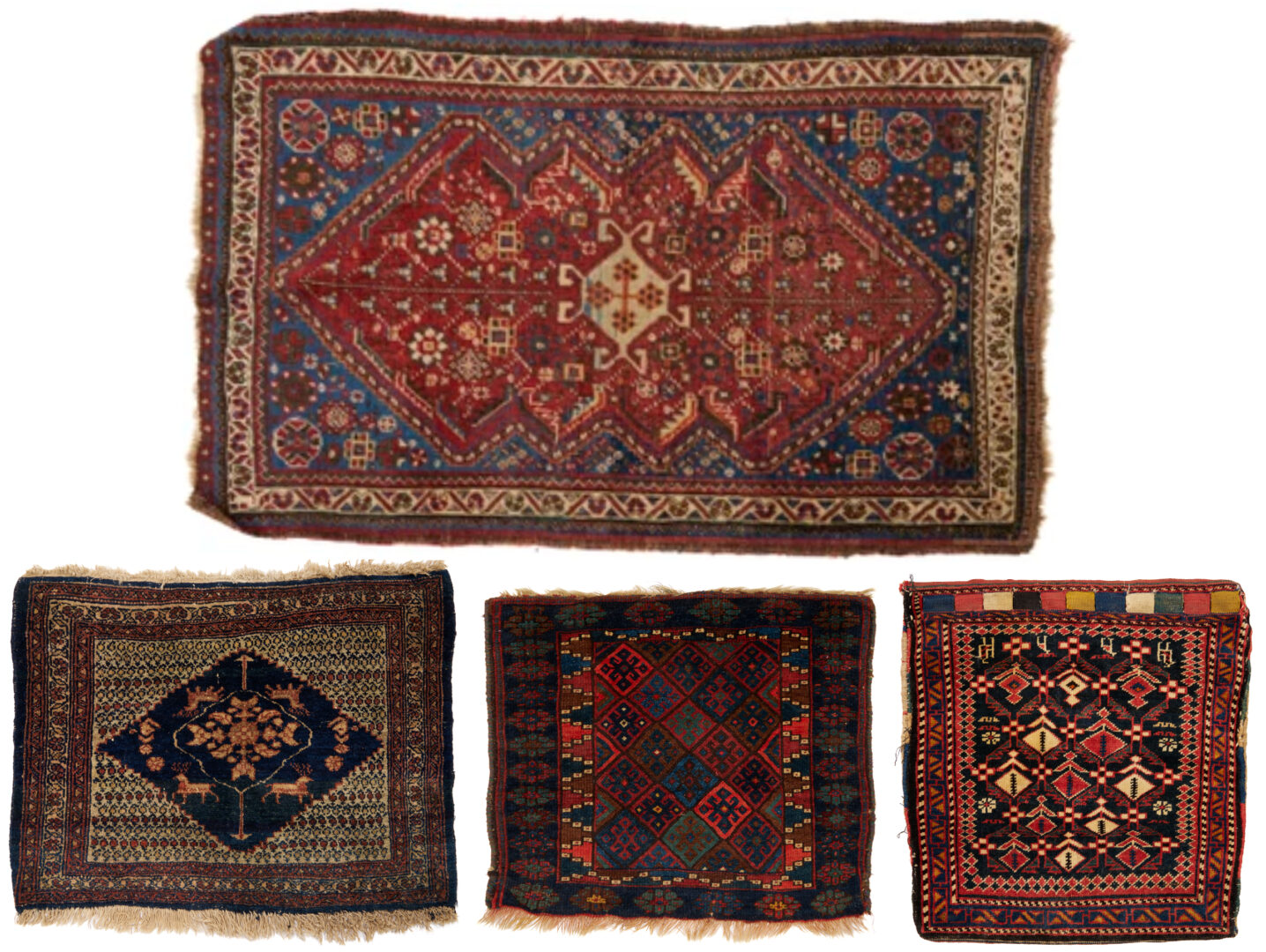 Lot 909: 4 Assembled Antique Weavings, 1 Rug & 3 Bag Face