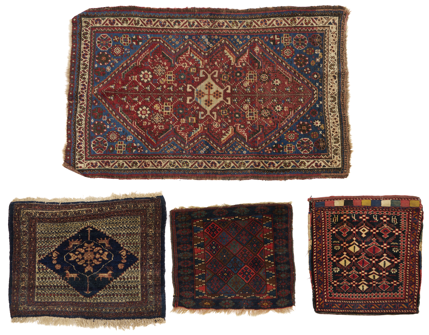 Lot 909: 4 Assembled Antique Weavings, 1 Rug & 3 Bag Face