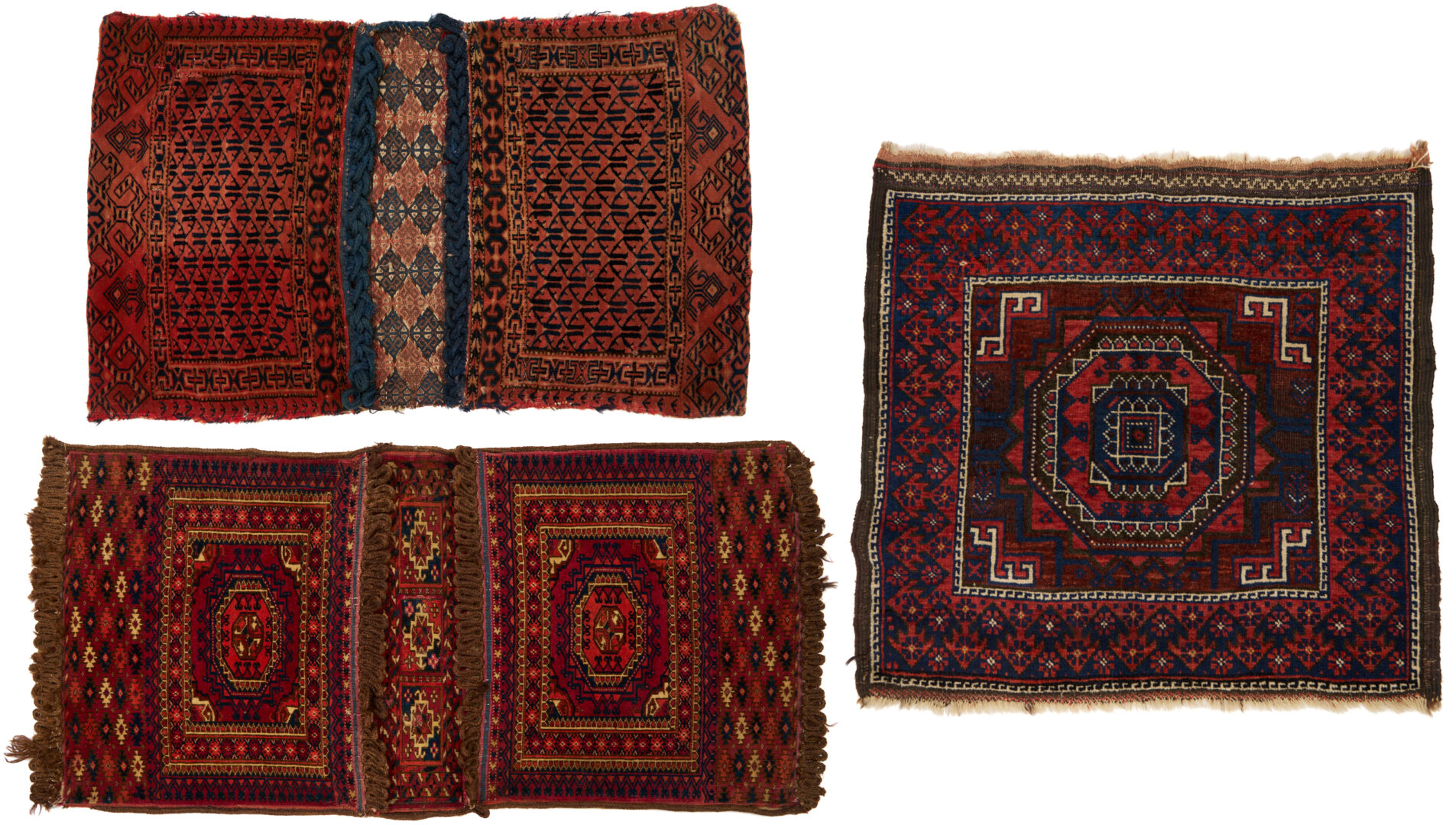 Lot 910: Youmud Saddle Bag, Tekke Bag, & Baluch Bag Face