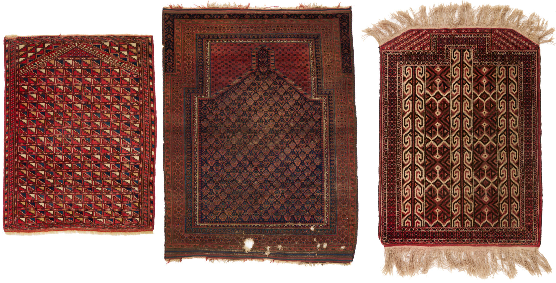 Lot 913: Yomud and Baluch Prayer Rugs & Yomud Salatch Cradle Cover
