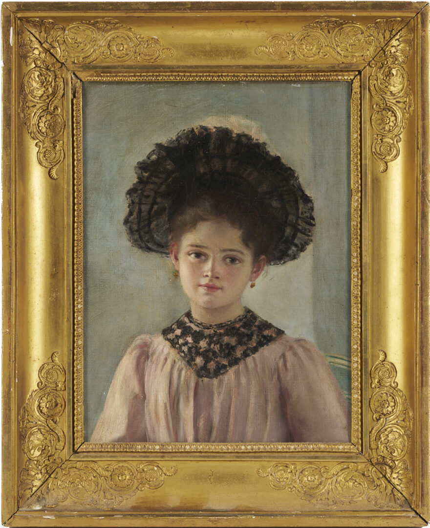 Lot 916: Continental School O/C Portrait Painting of a Girl in Pink