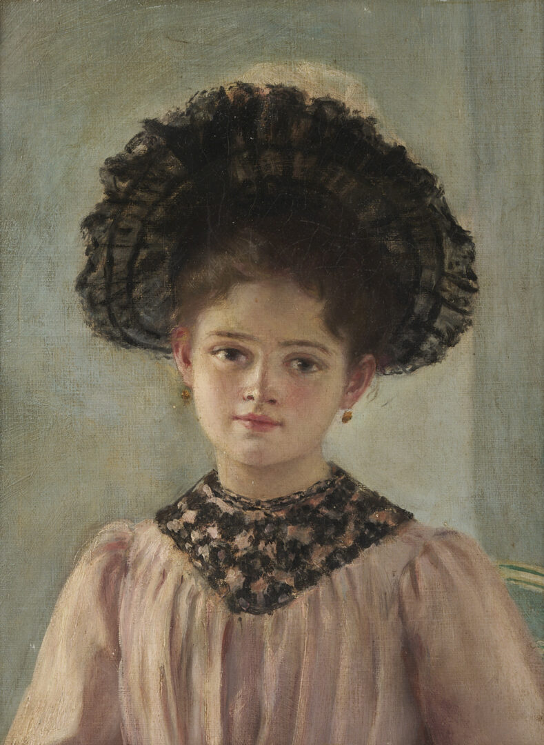 Lot 916: Continental School O/C Portrait Painting of a Girl in Pink