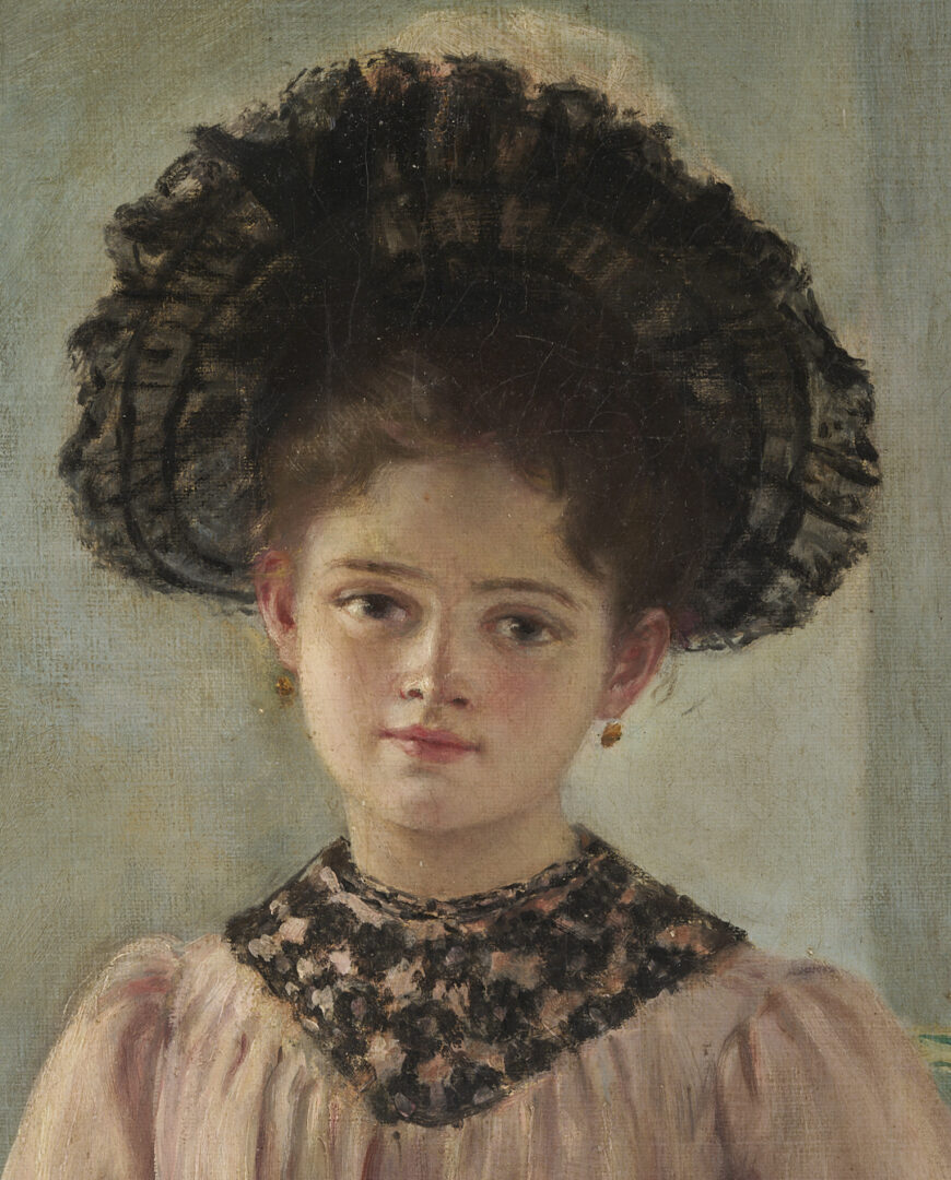 Lot 916: Continental School O/C Portrait Painting of a Girl in Pink
