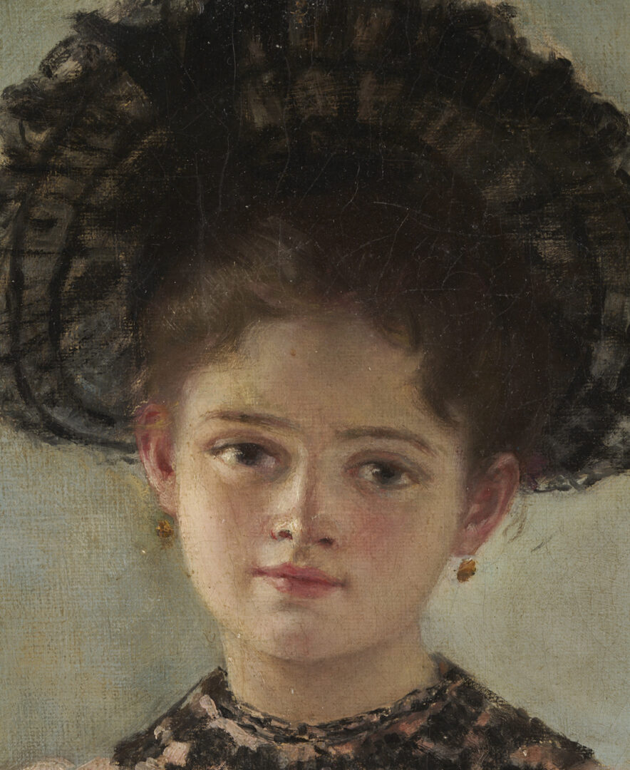 Lot 916: Continental School O/C Portrait Painting of a Girl in Pink