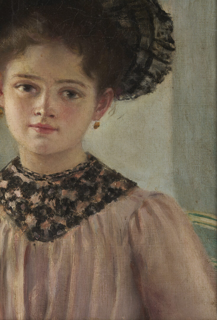 Lot 916: Continental School O/C Portrait Painting of a Girl in Pink