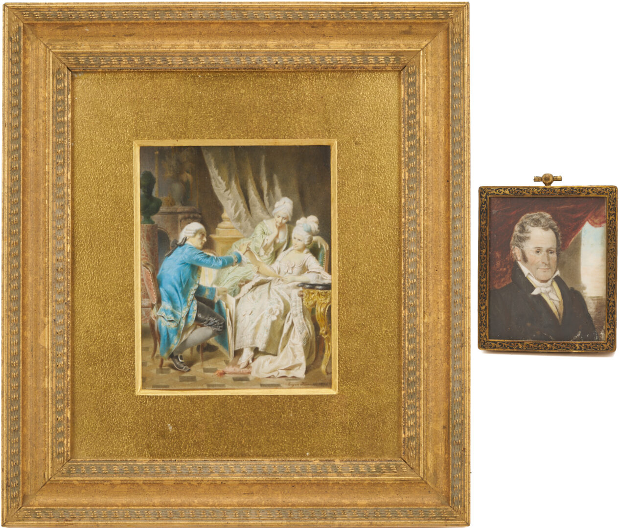 Lot 918: 2 Watercolors: 18th C. Genre Scene, plus Portrait
