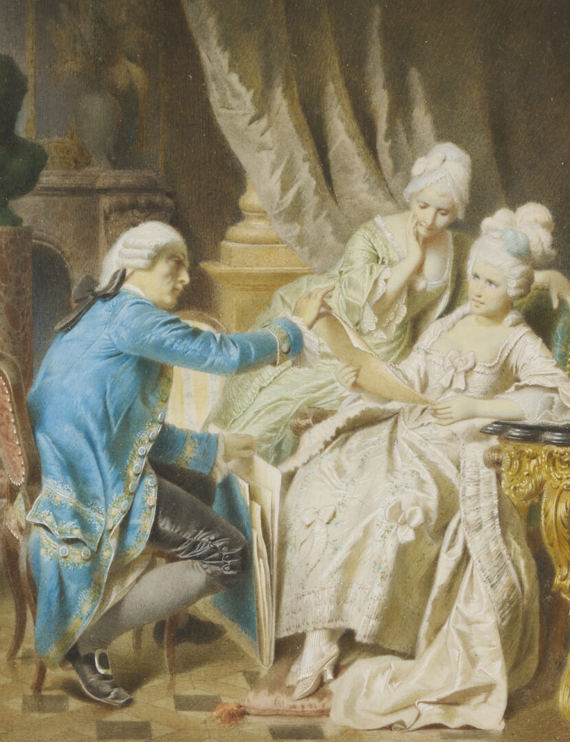 Lot 918: 2 Watercolors: 18th C. Genre Scene, plus Portrait