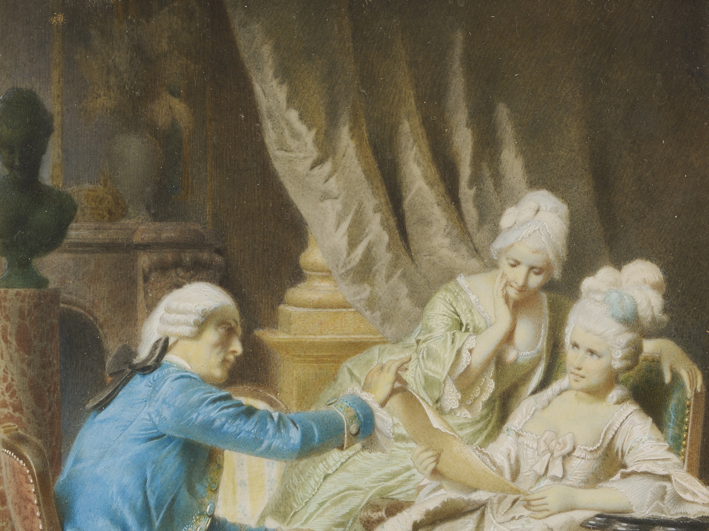 Lot 918: 2 Watercolors: 18th C. Genre Scene, plus Portrait